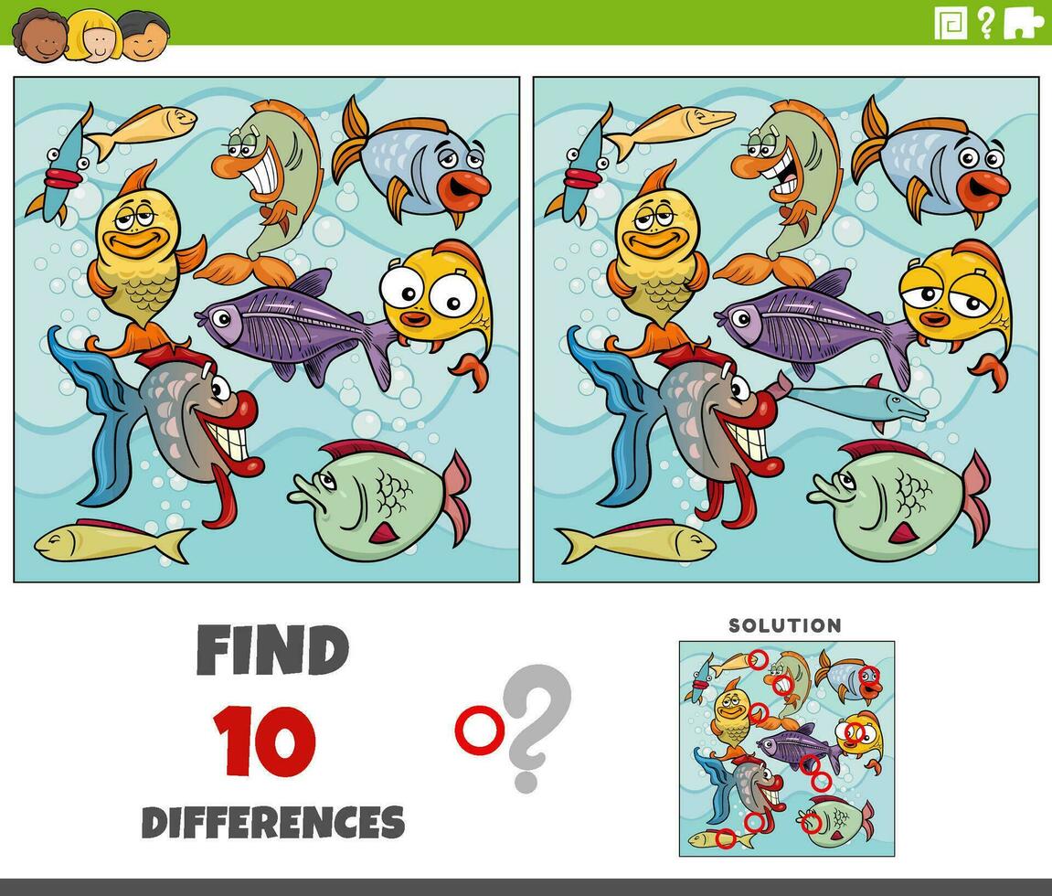 differences activity with cartoon fish animal characters vector