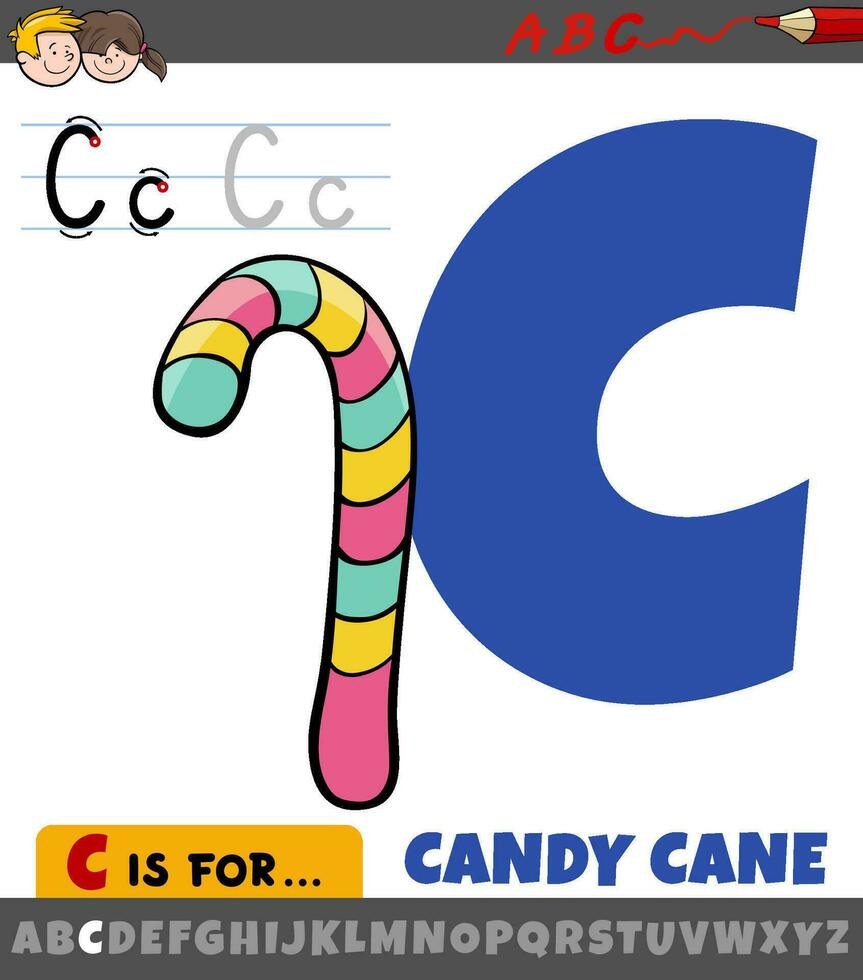 letter C from alphabet with cartoon candy cane object vector