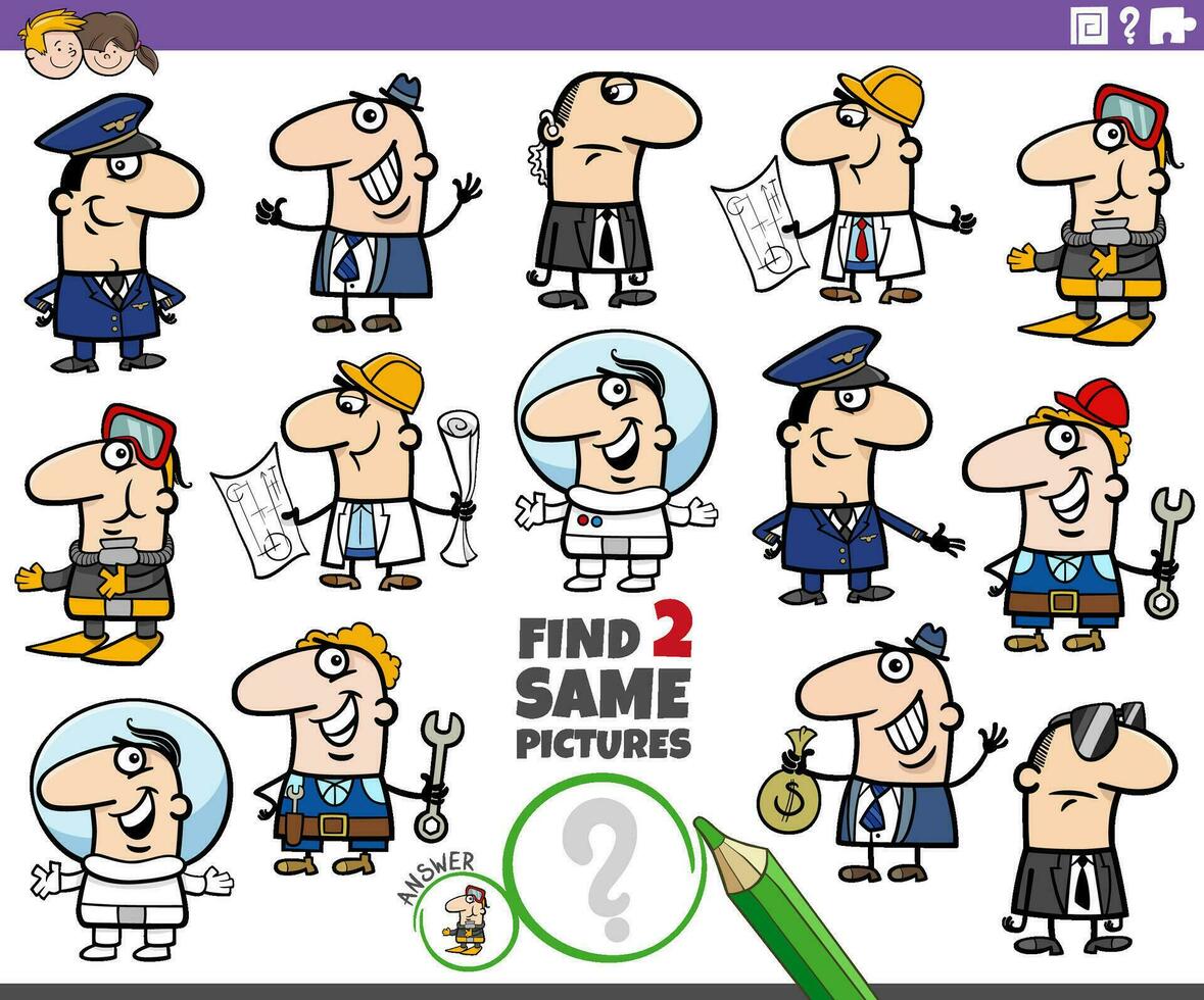 find two same cartoon people of various professions vector