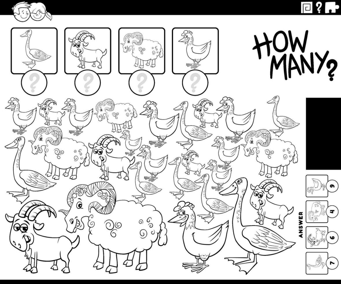 counting activity with cartoon farm animals coloring page vector