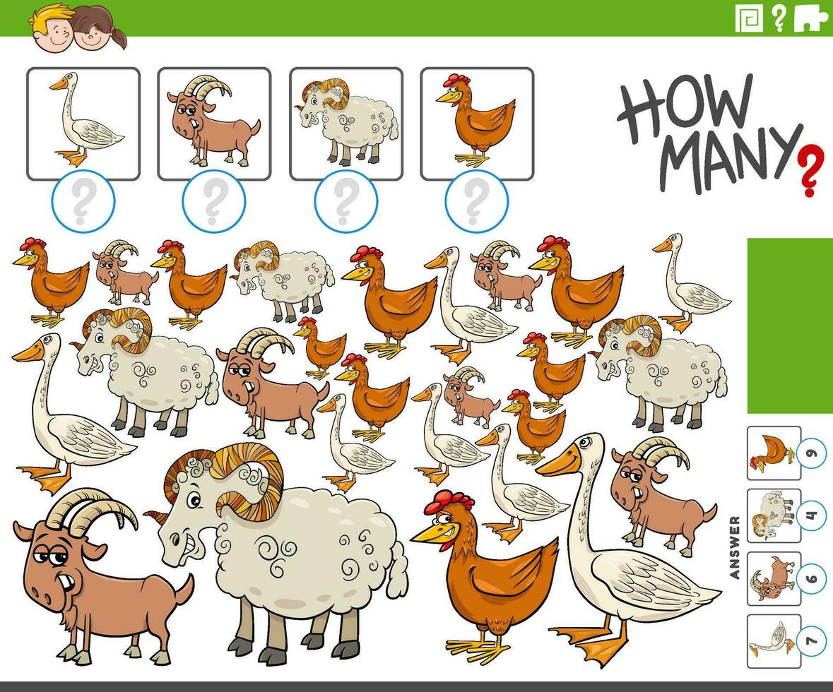 how many counting activity with cartoon farm animals vector