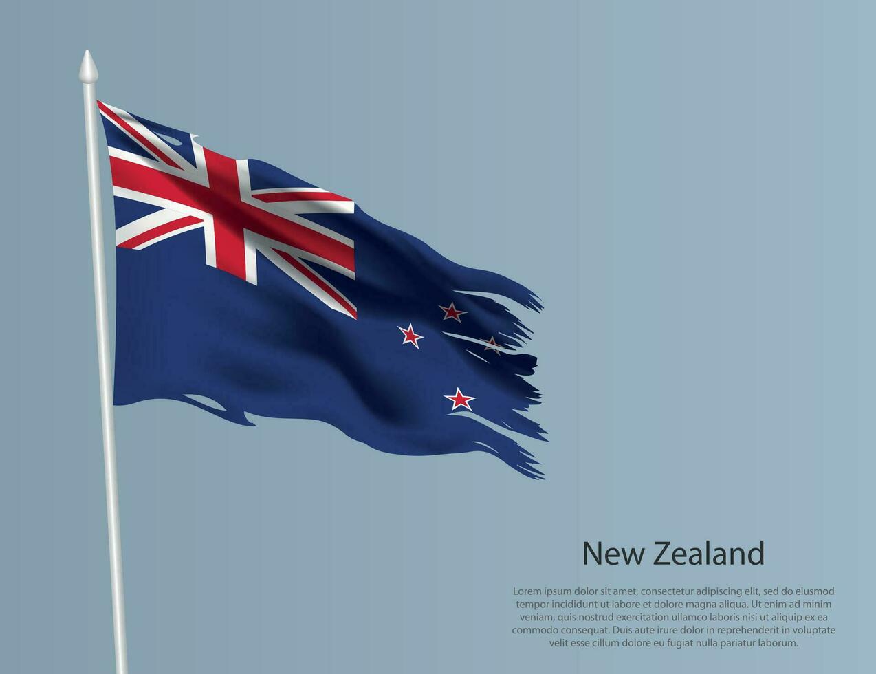 Ragged national flag of New Zealand. Wavy torn fabric on blue background. vector