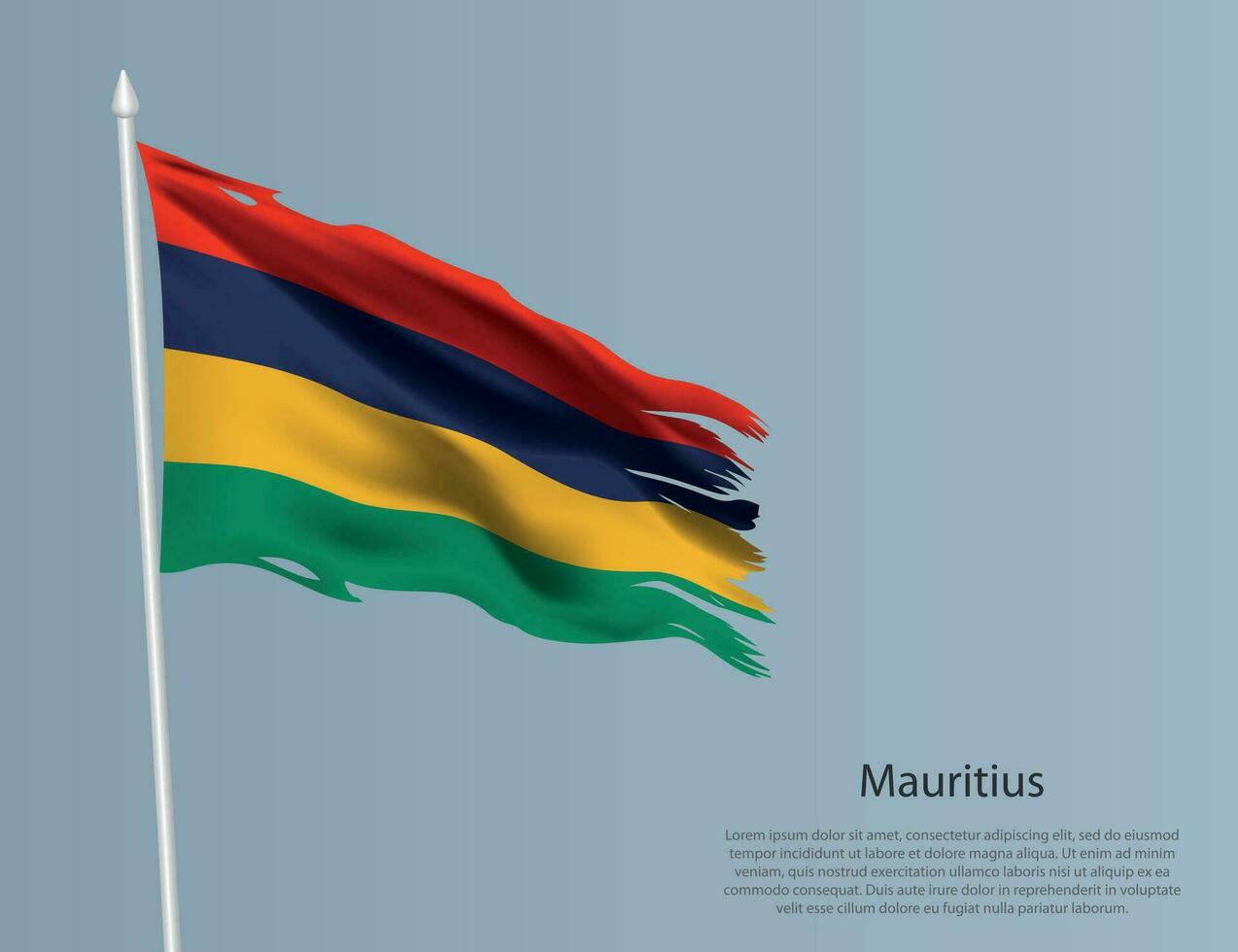 Ragged national flag of Mauritius. Wavy torn fabric on blue background vector