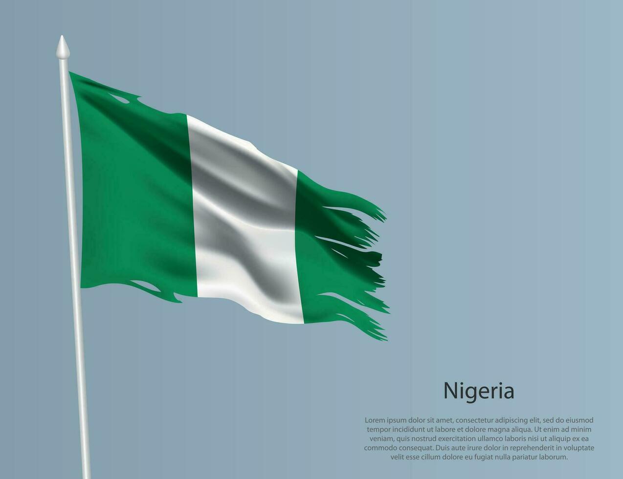 Ragged national flag of Nigeria. Wavy torn fabric on blue background vector