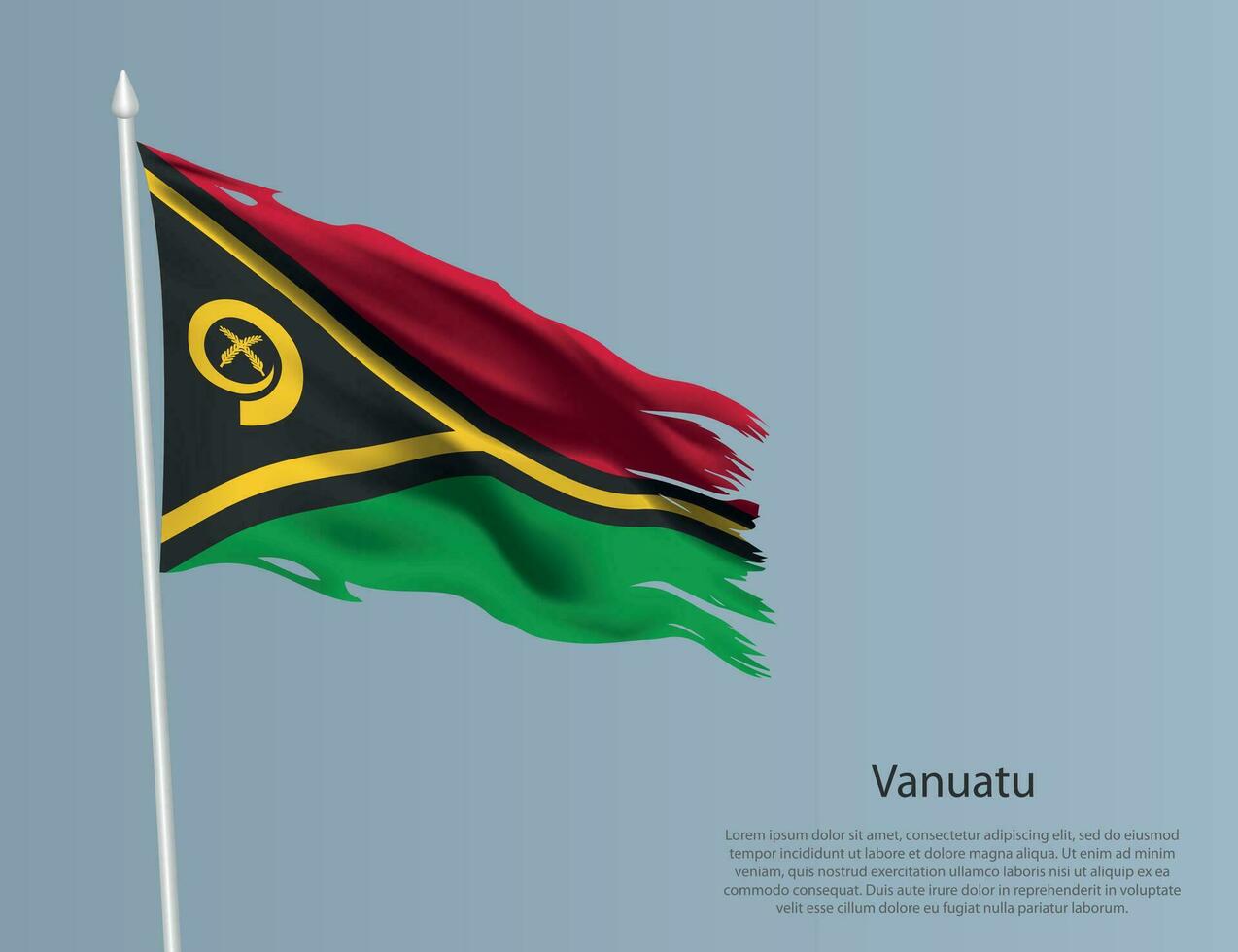 Ragged national flag of Vanuatu. Wavy torn fabric on blue background. vector