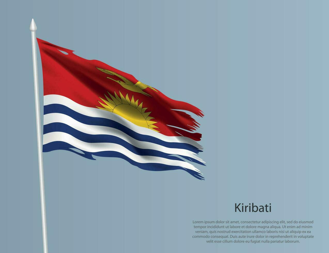 Ragged national flag of Kiribati. Wavy torn fabric on blue background. vector
