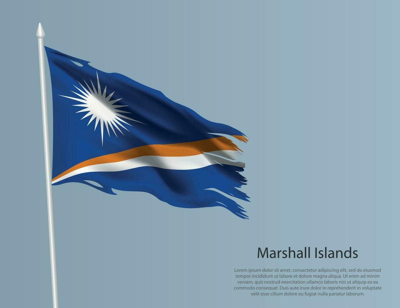 Ragged national flag of Marshall Islands. Wavy torn fabric on blue background. vector