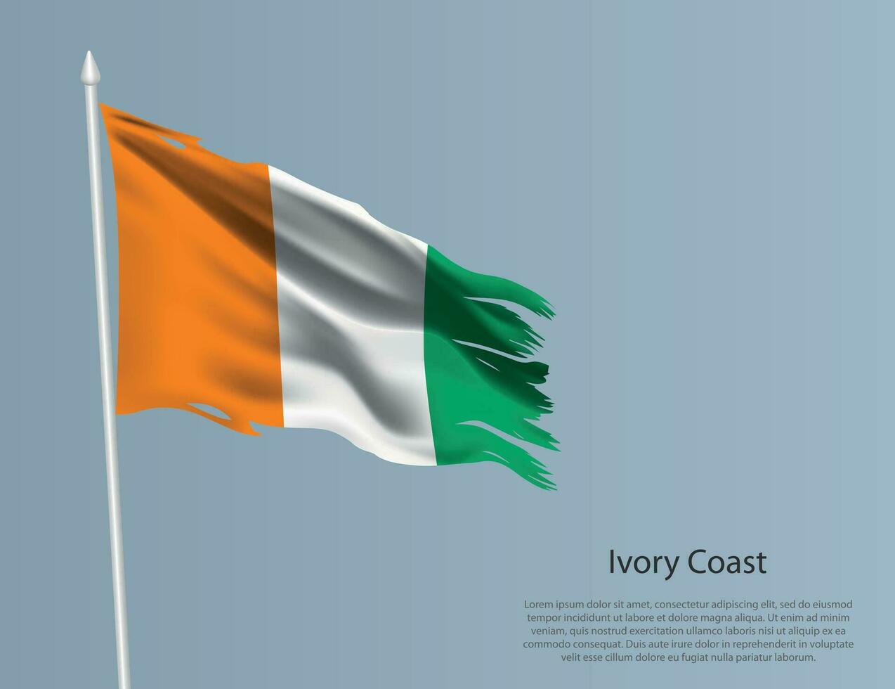 Ragged national flag of Ivory Coast. Wavy torn fabric on blue background vector