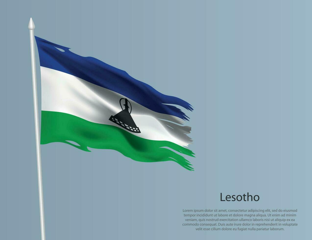 Ragged national flag of Lesotho. Wavy torn fabric on blue background vector