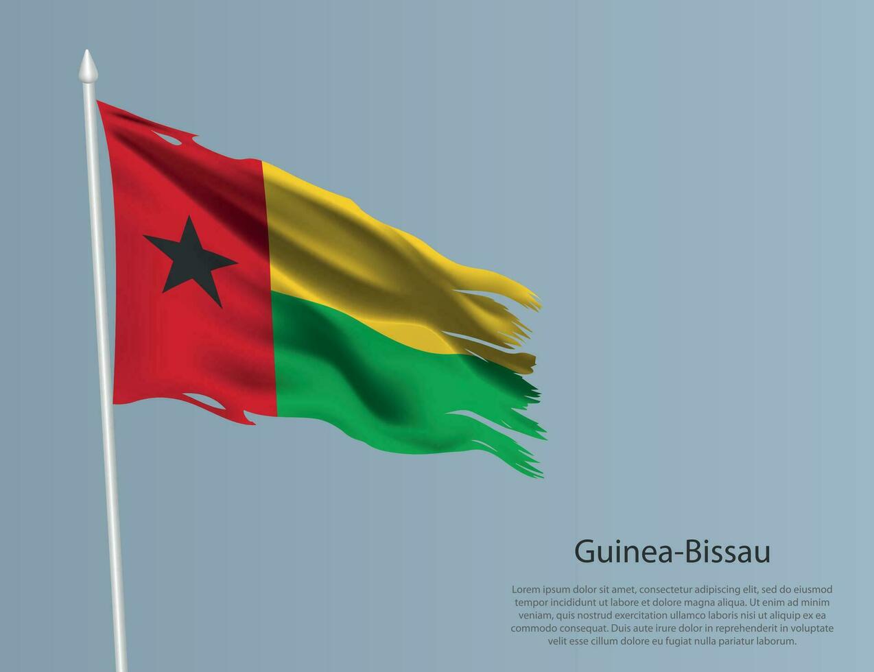 Ragged national flag of Guinea-Bissau. Wavy torn fabric on blue background vector