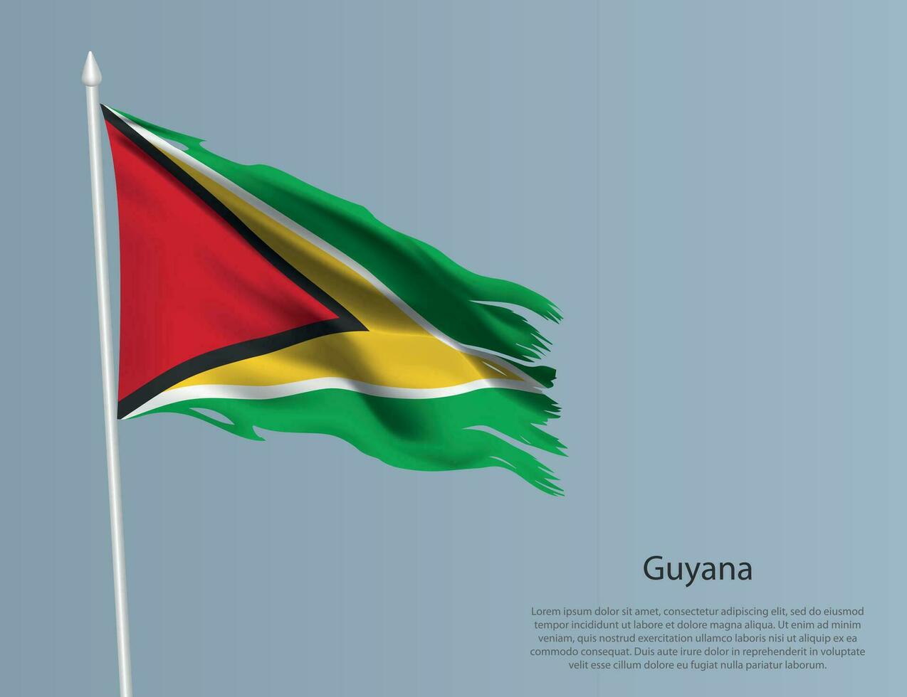 Ragged national flag of Guyana. Wavy torn fabric on blue background. vector