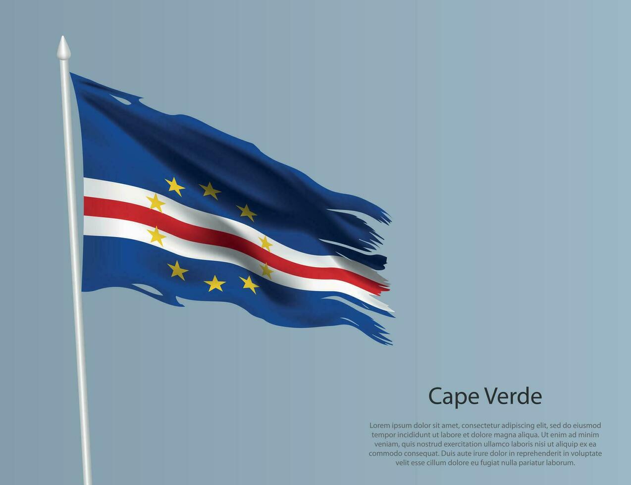 Ragged national flag of Cape Verde. Wavy torn fabric on blue background vector