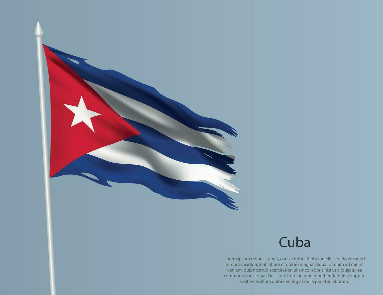 Ragged national flag of Cuba. Wavy torn fabric on blue background. vector