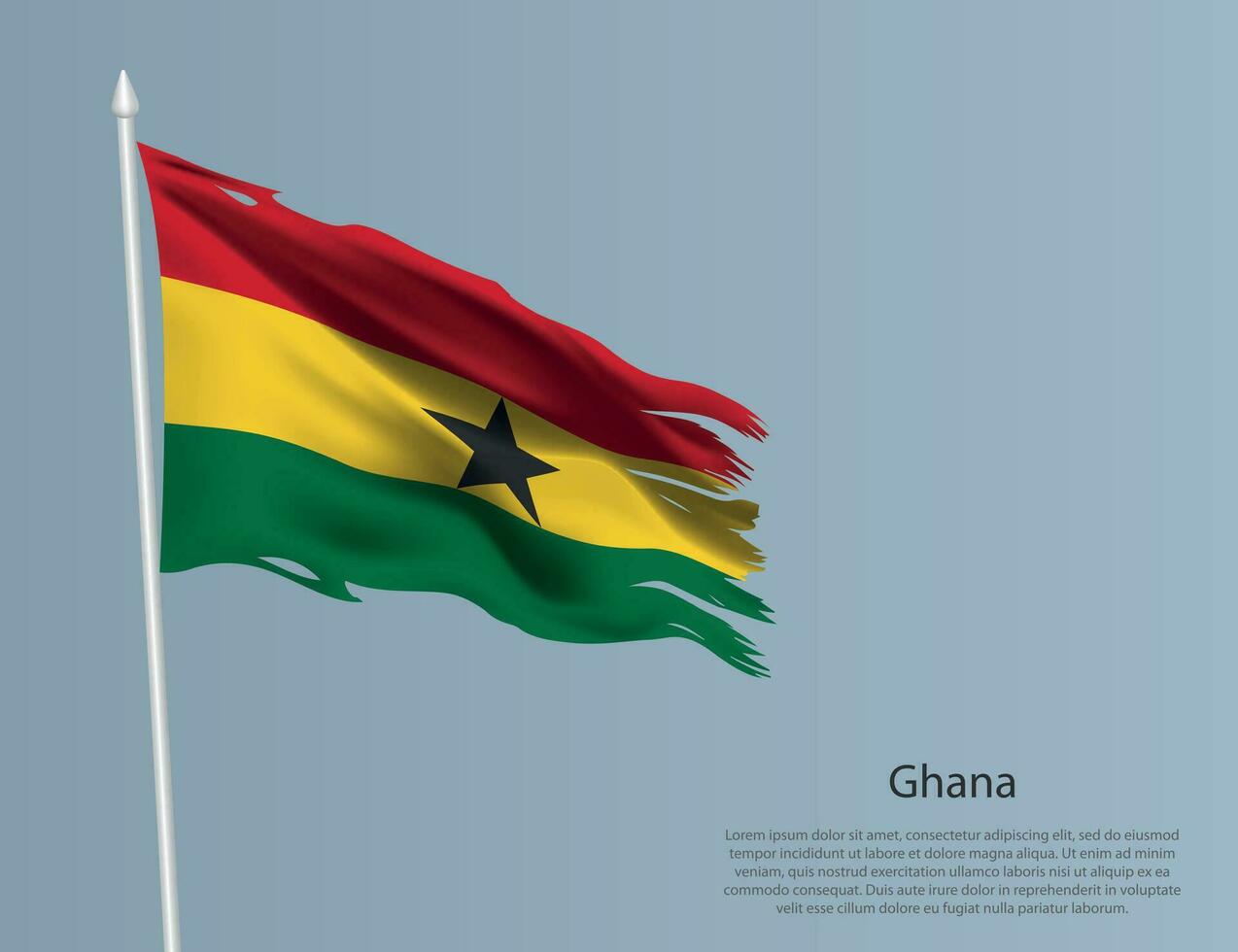 Ragged national flag of Ghana. Wavy torn fabric on blue background vector