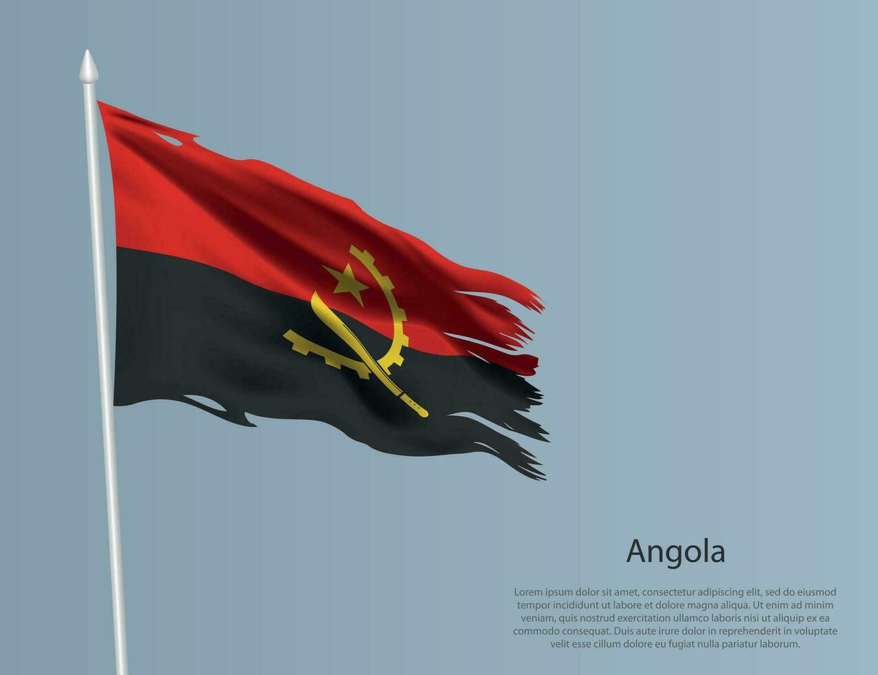 Ragged national flag of Angola. Wavy torn fabric on blue background vector