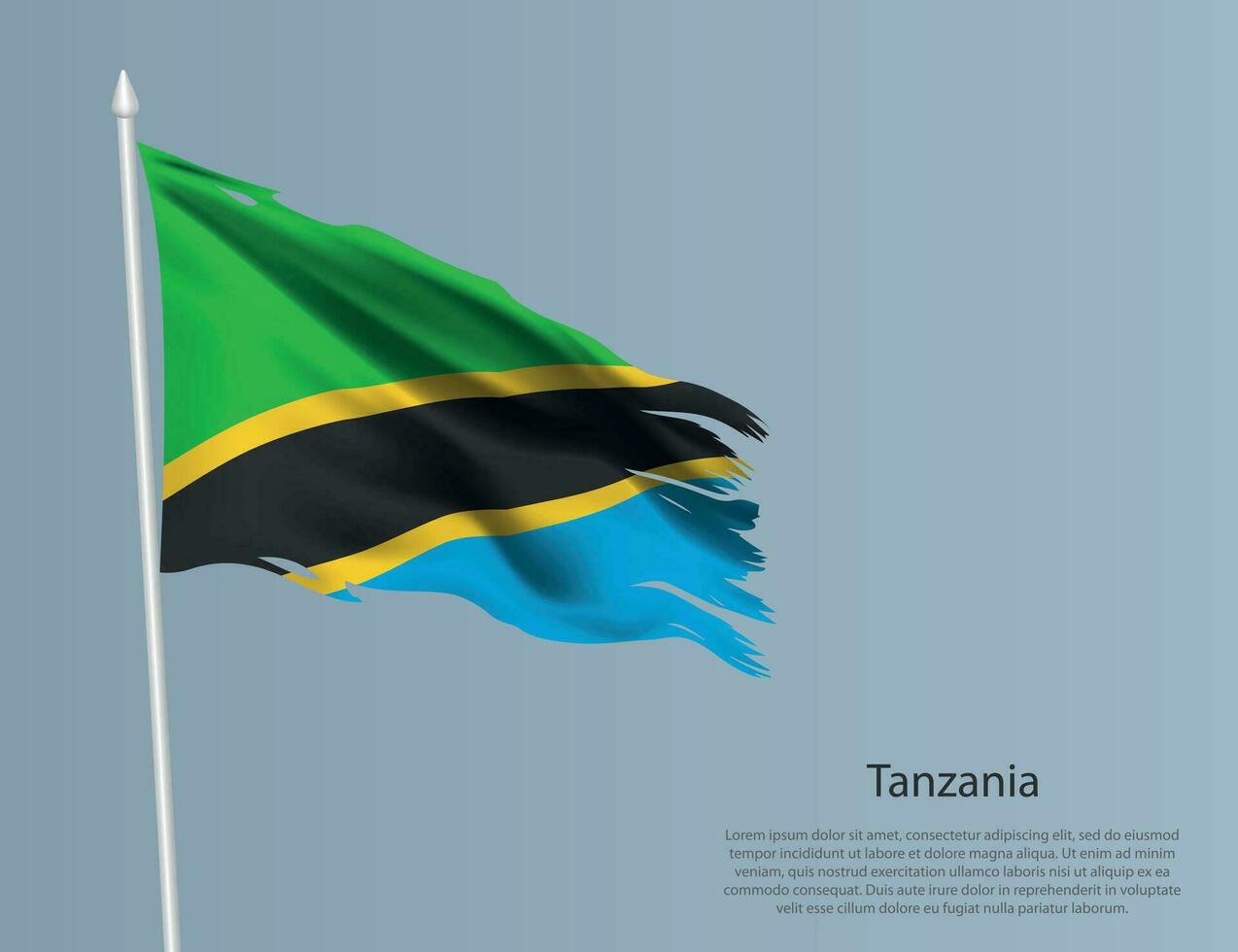 Ragged national flag of Tanzania. Wavy torn fabric on blue background vector