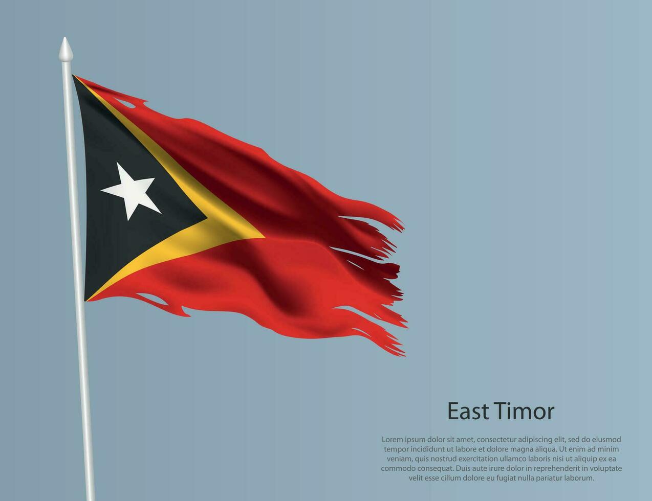 Ragged national flag of East Timor. Wavy torn fabric on blue background vector