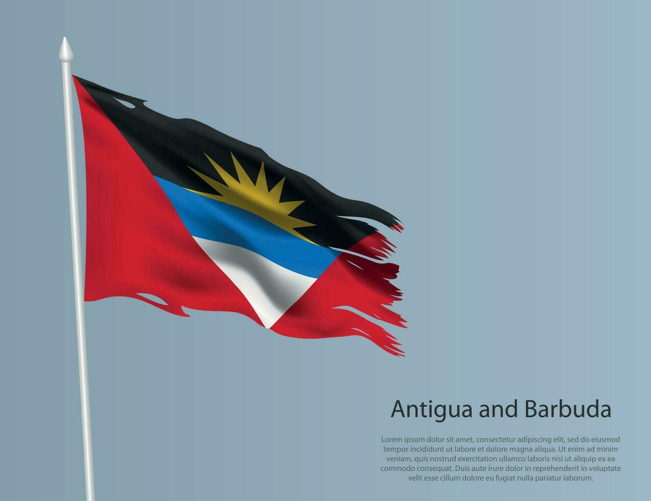 Ragged national flag of Antigua and Barbuda. Wavy torn fabric on blue background. vector