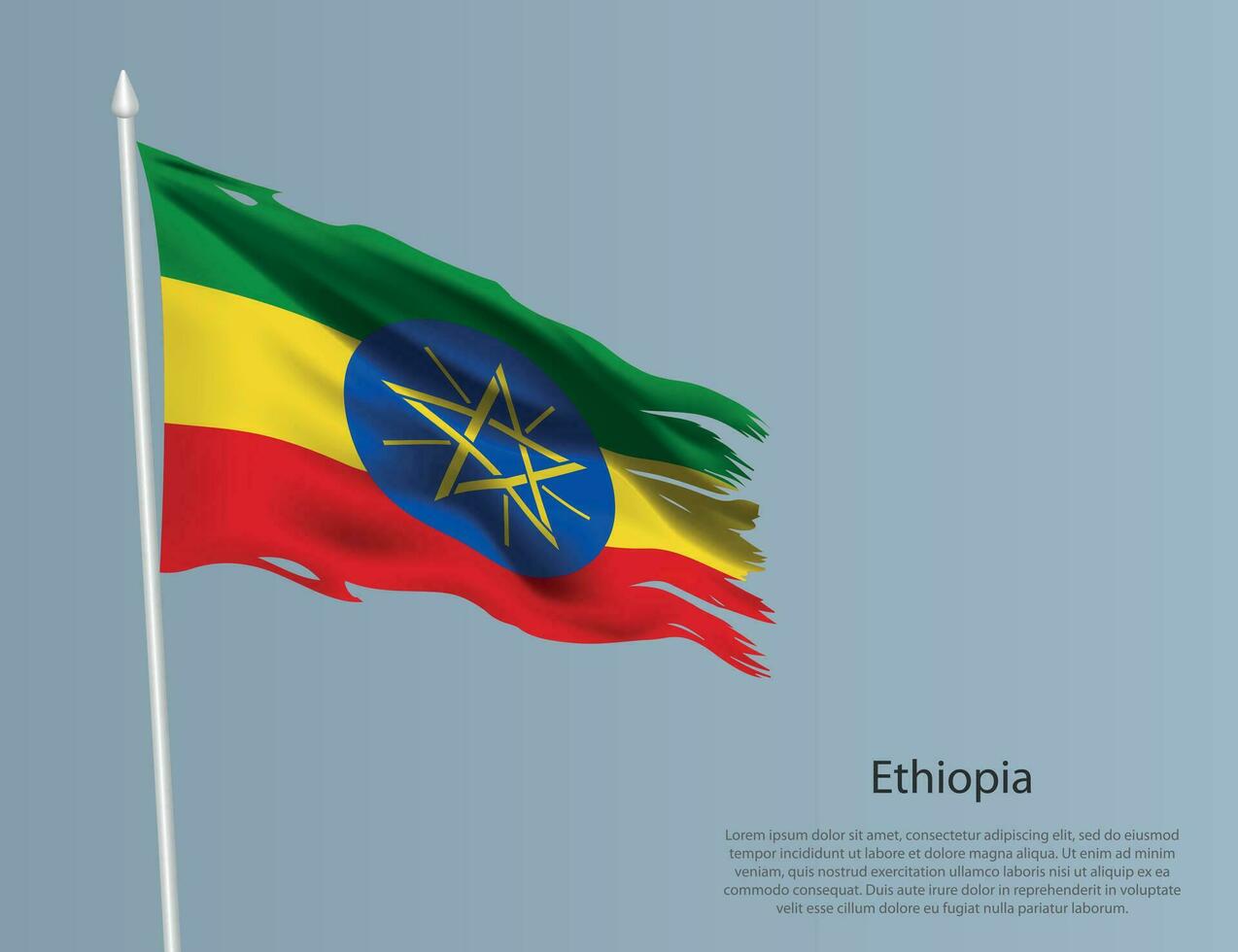 Ragged national flag of Ethiopia. Wavy torn fabric on blue background vector