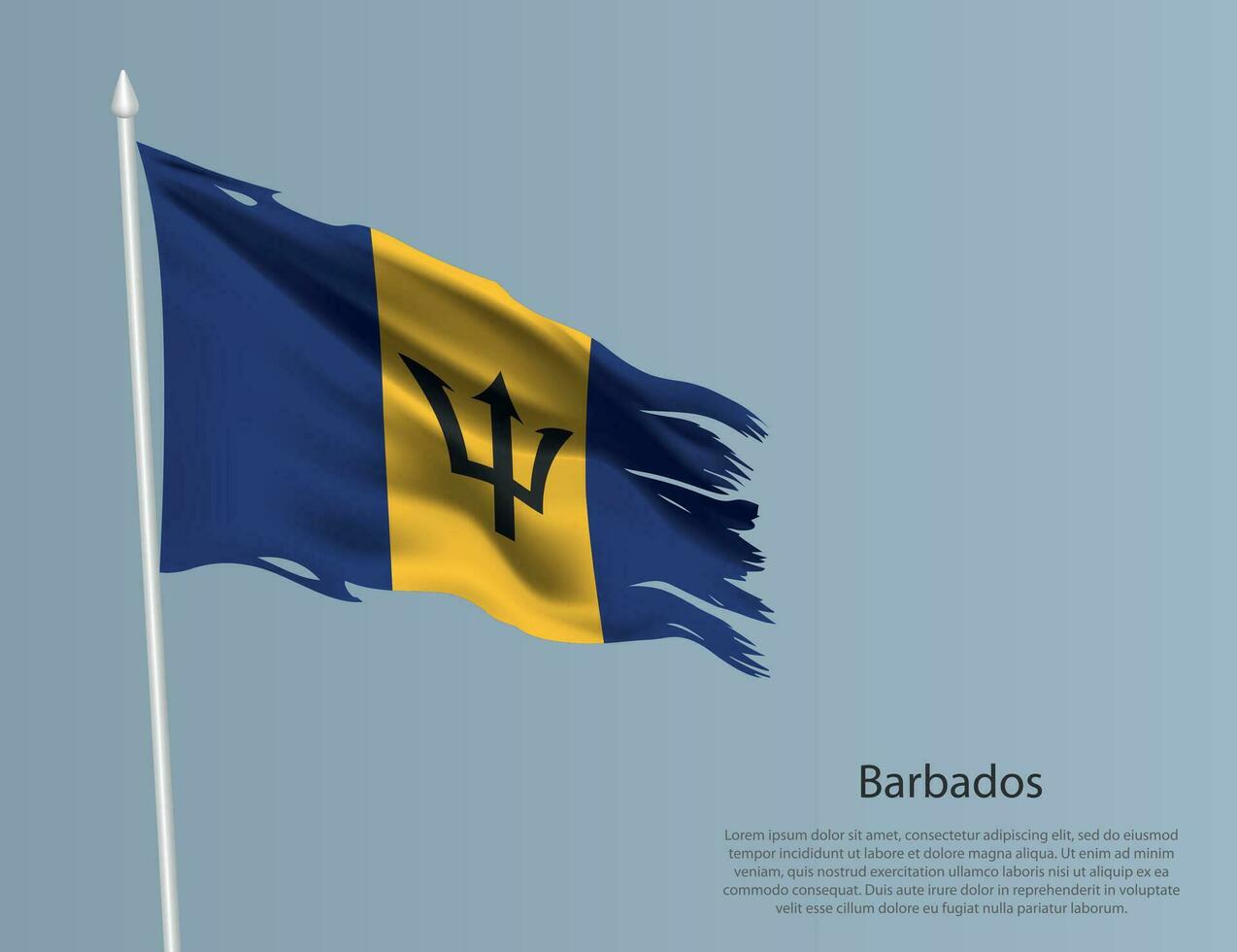 Ragged national flag of Barbados. Wavy torn fabric on blue background. vector