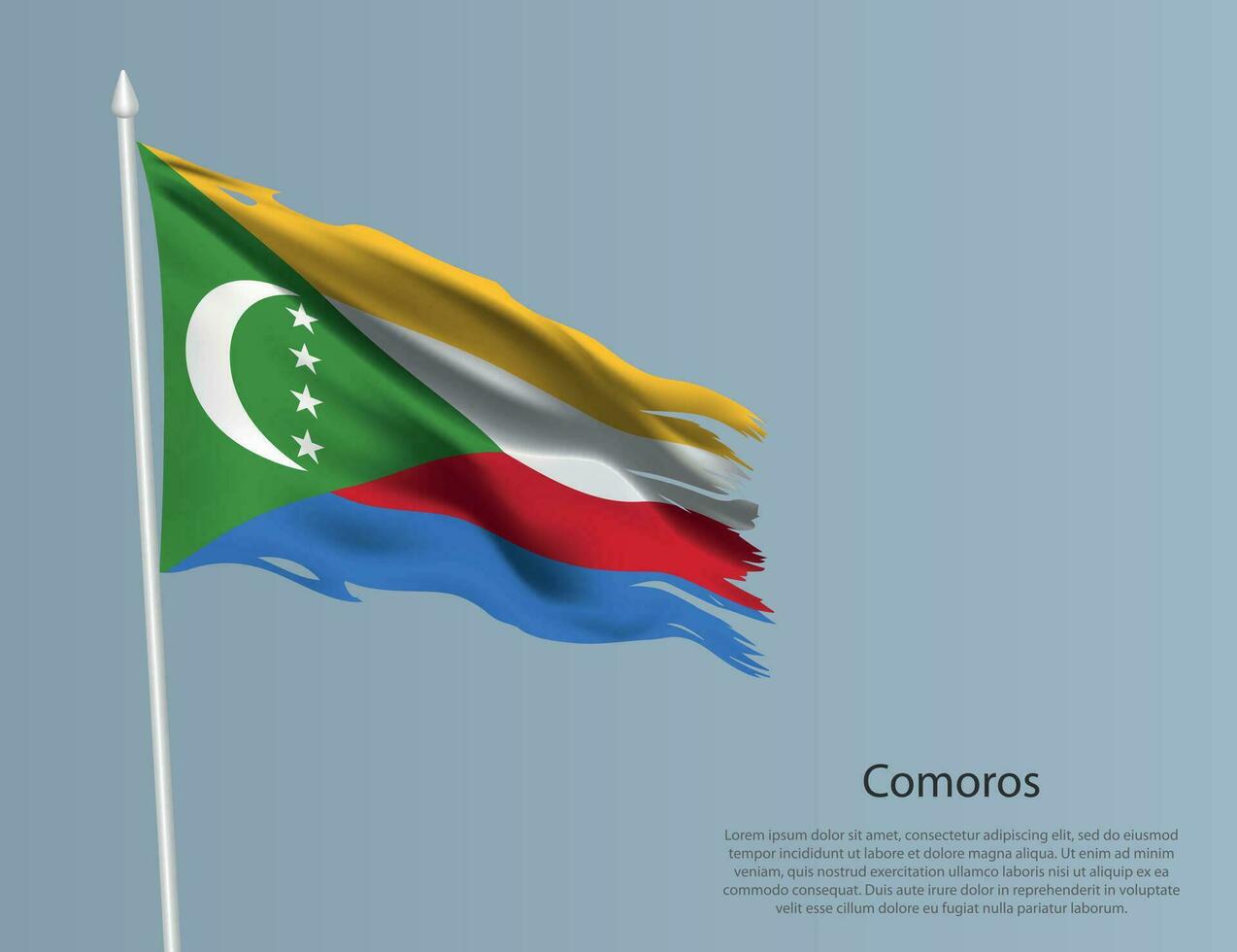 harapiento nacional bandera de Comoras. ondulado Rasgado tela en azul antecedentes vector