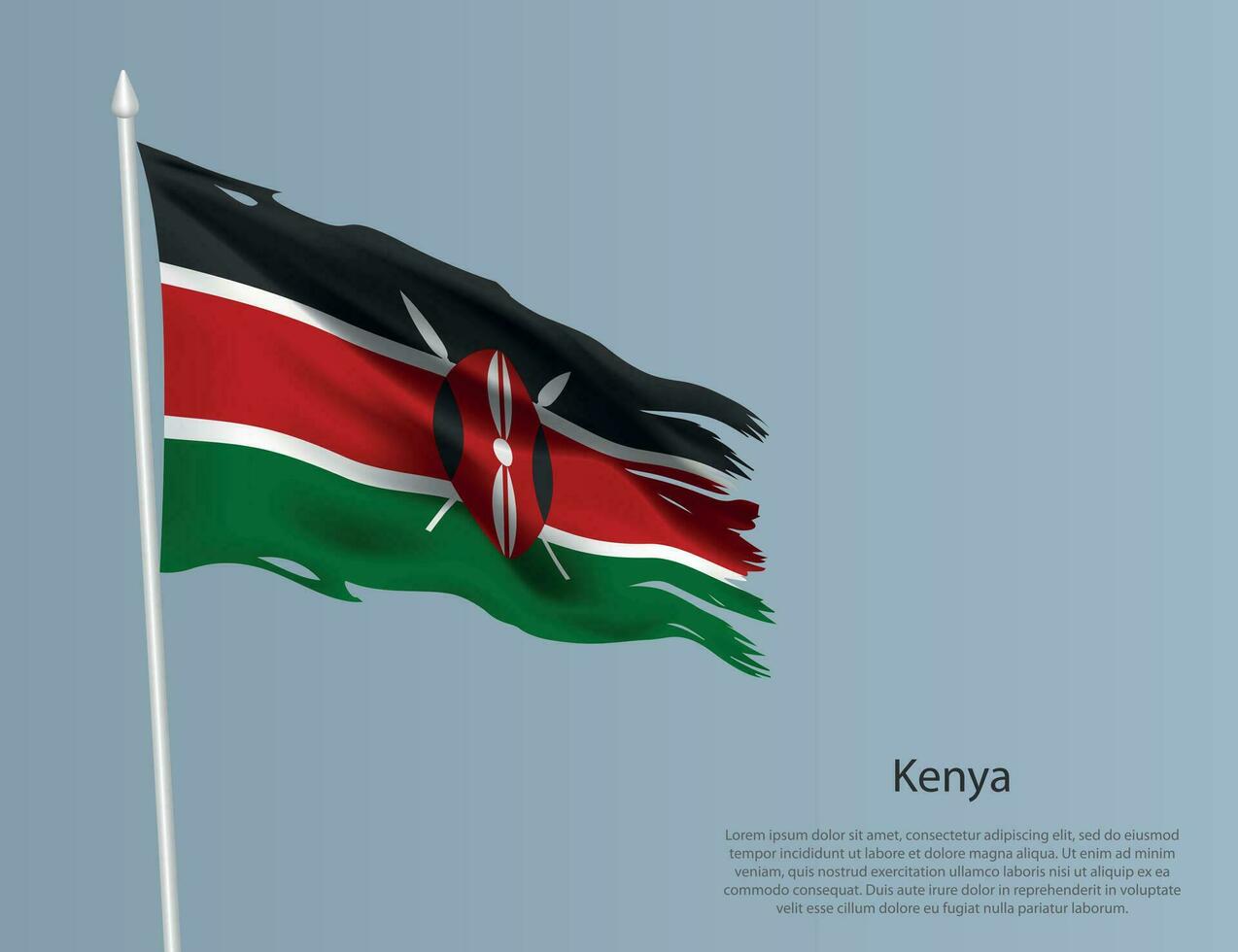 Ragged national flag of Kenya. Wavy torn fabric on blue background vector