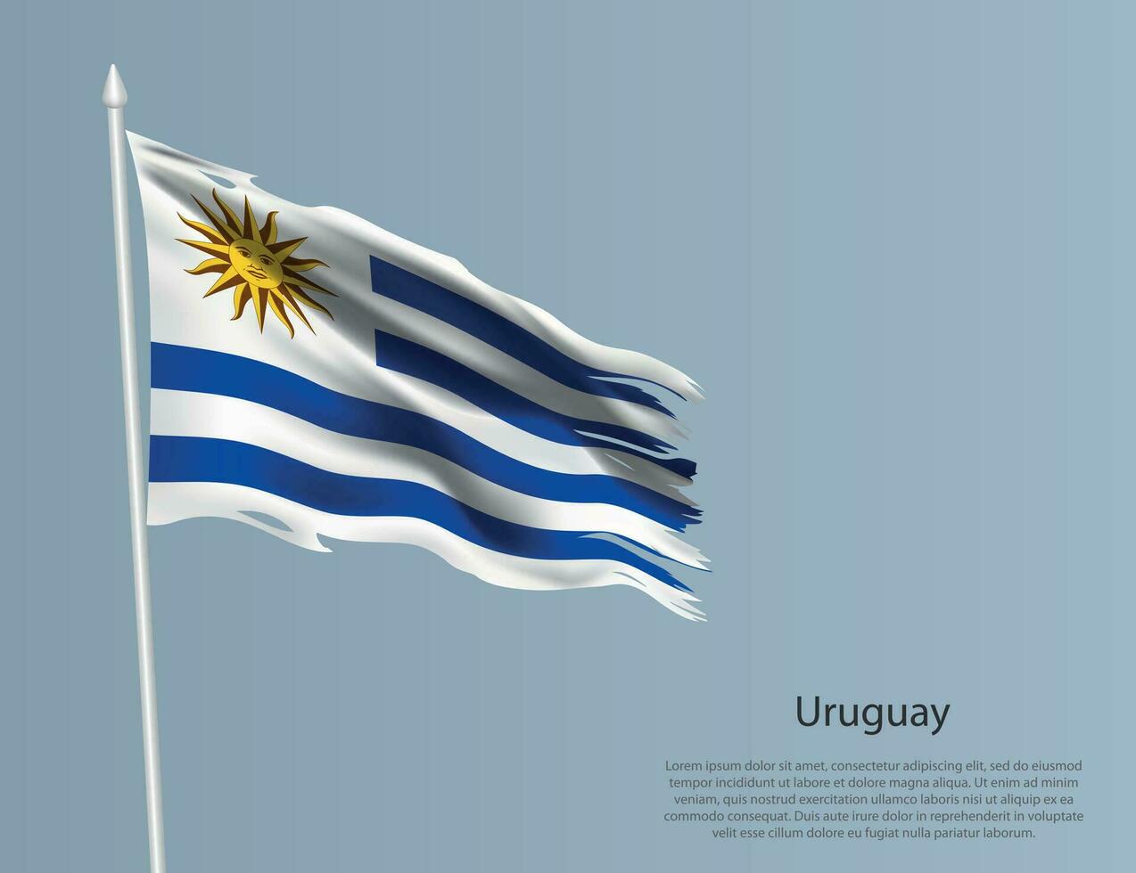 Ragged national flag of Uruguay. Wavy torn fabric on blue background. vector