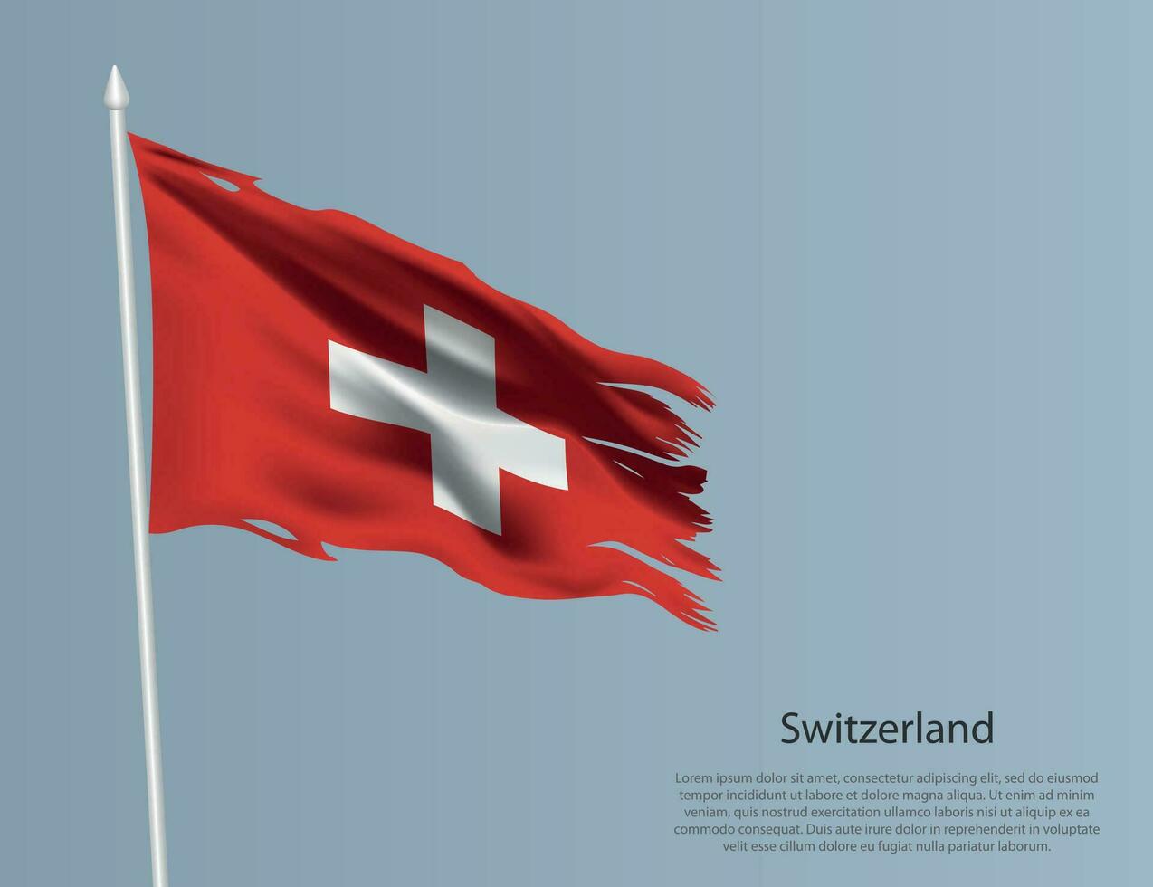 Ragged national flag of Switzerland. Wavy torn fabric on blue background vector