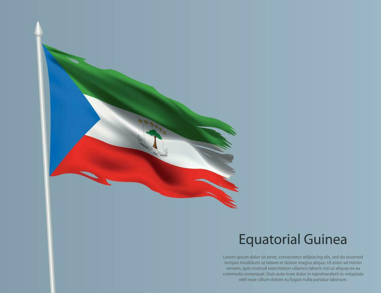 Ragged national flag of Equatorial Guinea. Wavy torn fabric on blue background vector