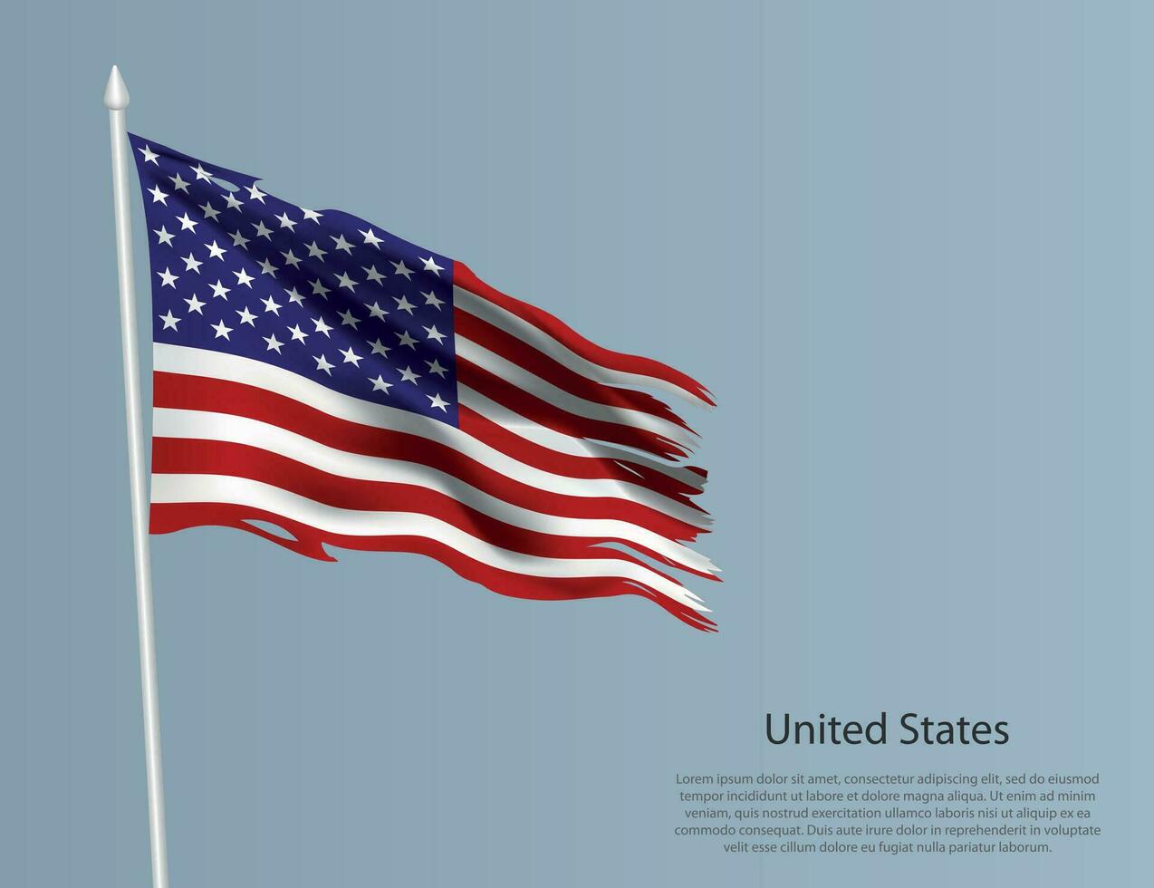 Ragged national flag of United States. Wavy torn fabric on blue background. vector