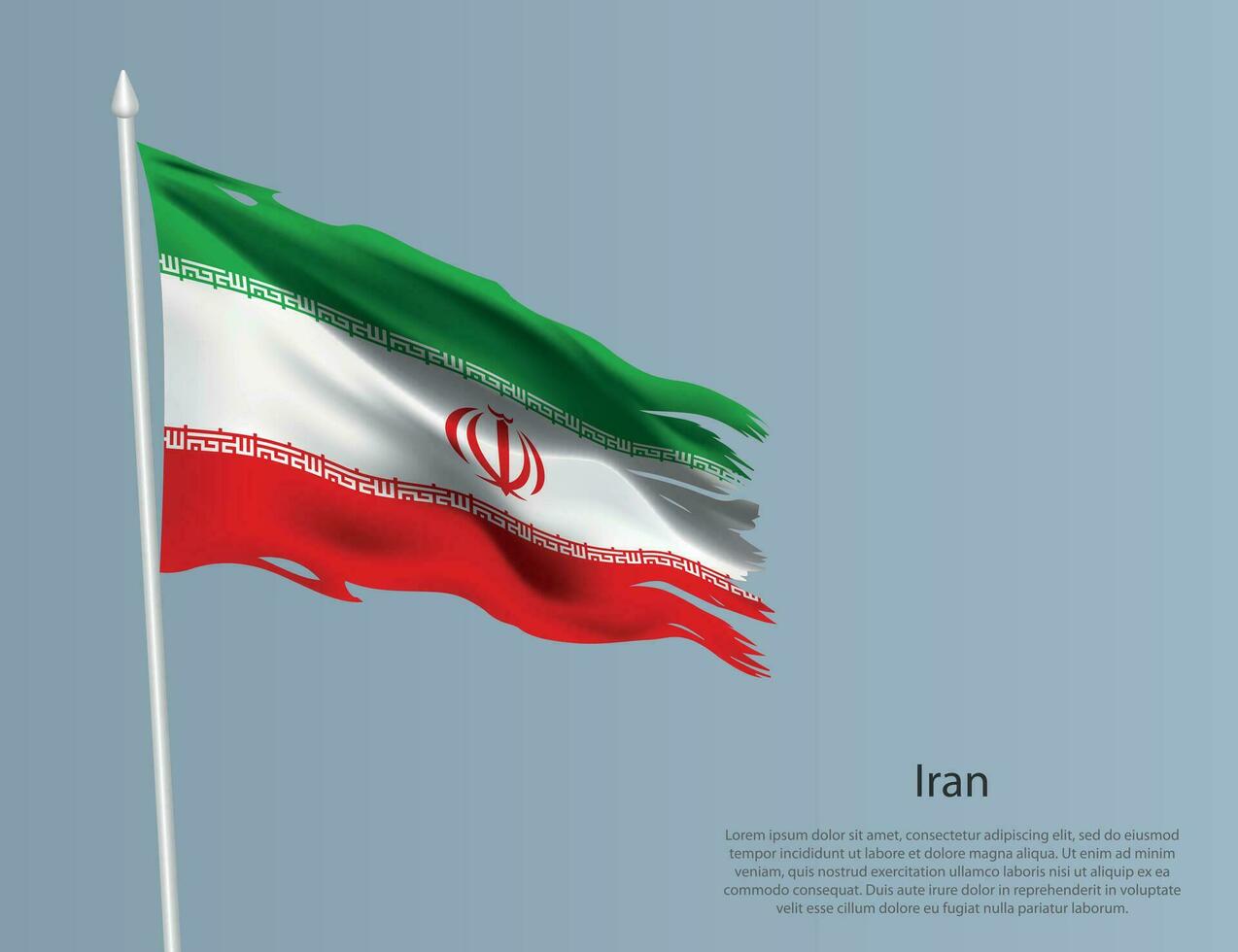 Ragged national flag of Iran. Wavy torn fabric on blue background vector