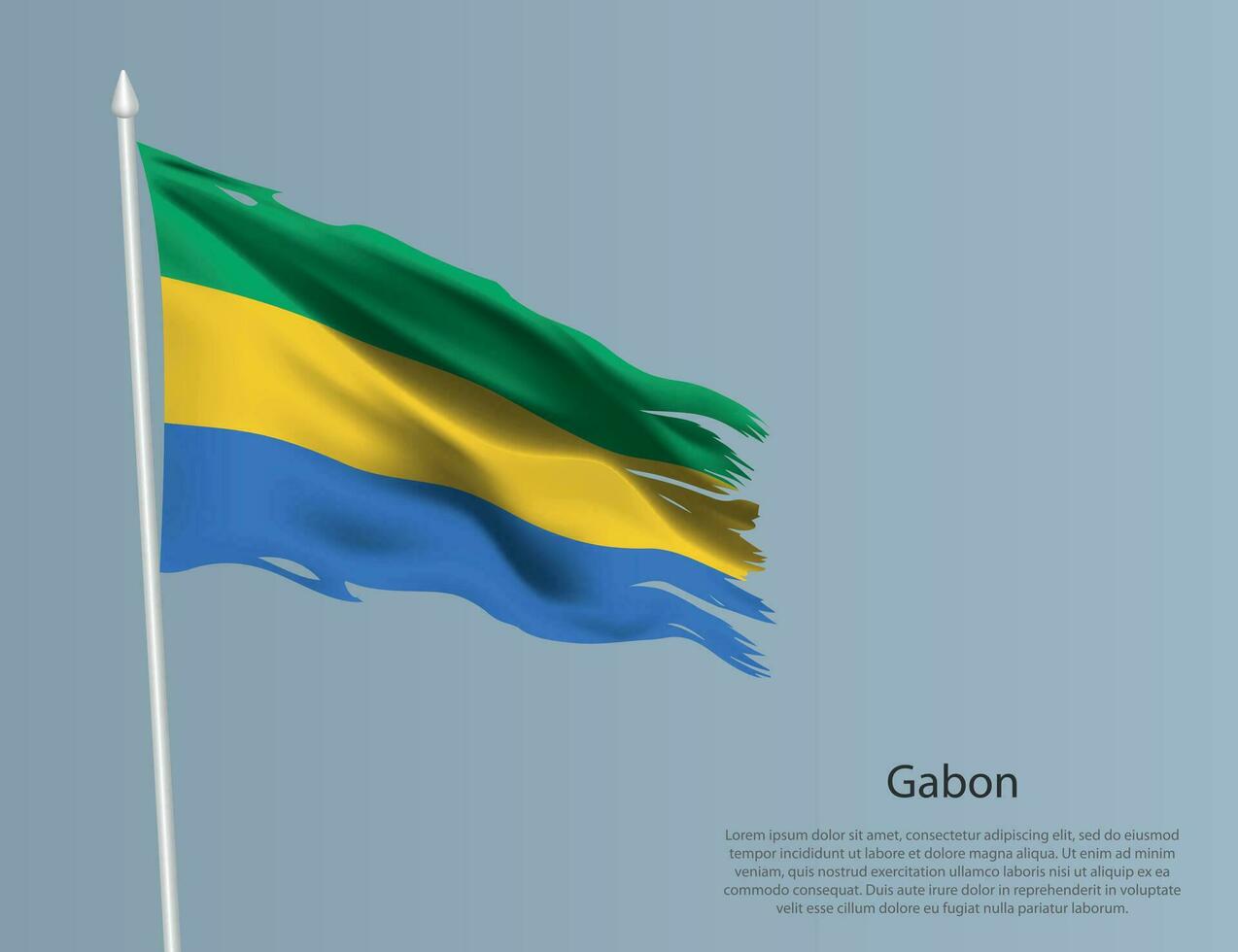 Ragged national flag of Gabon. Wavy torn fabric on blue background vector