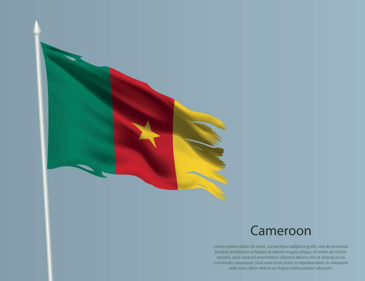 Ragged national flag of Cameroon. Wavy torn fabric on blue background vector