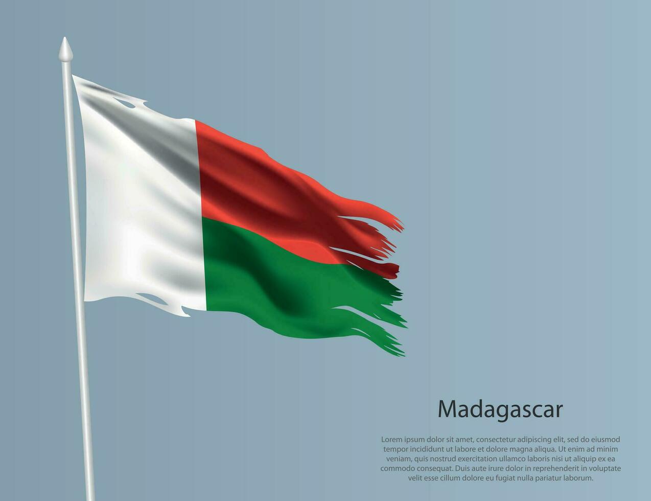 Ragged national flag of Madagascar. Wavy torn fabric on blue background vector
