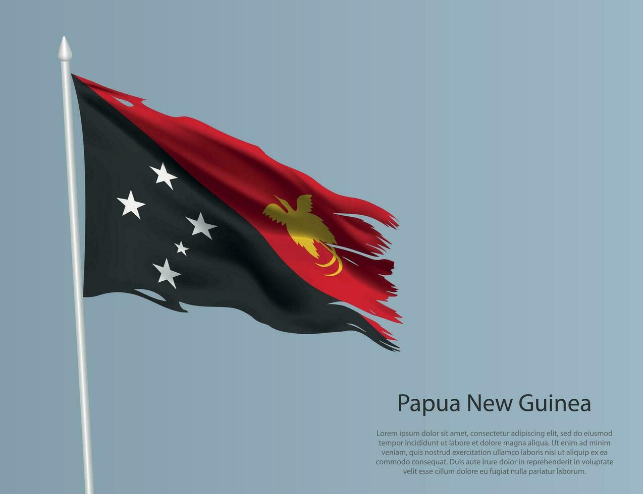 Ragged national flag of Papua New Guinea. Wavy torn fabric on blue background. vector