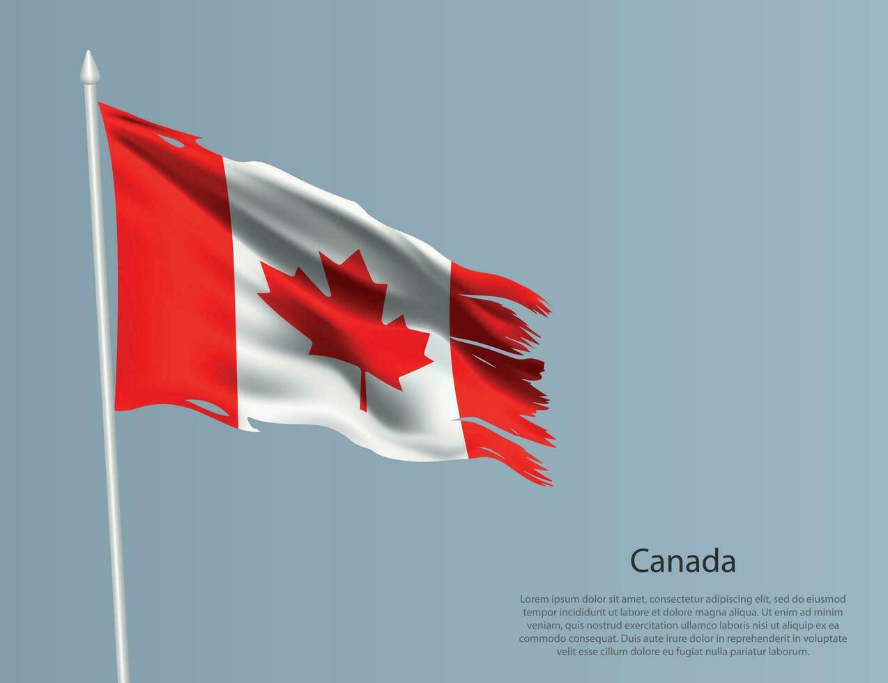 Ragged national flag of Canada. Wavy torn fabric on blue background. vector