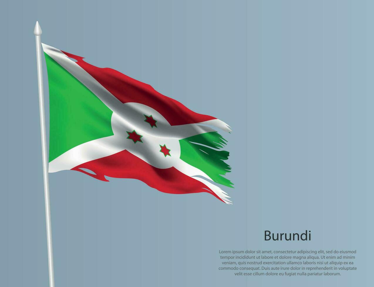 Ragged national flag of Burundi. Wavy torn fabric on blue background vector