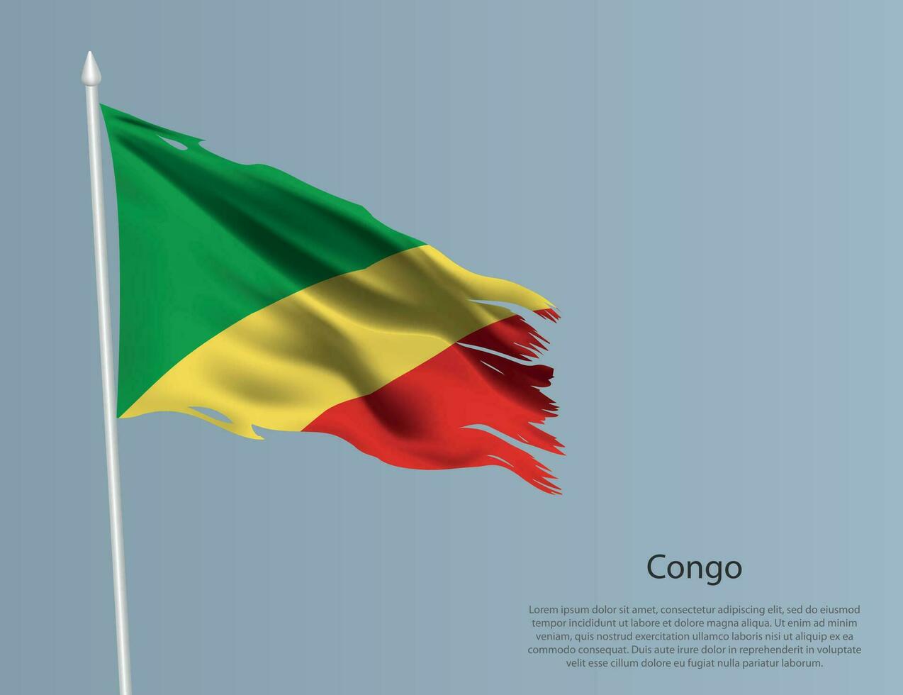 Ragged national flag of Congo. Wavy torn fabric on blue background vector