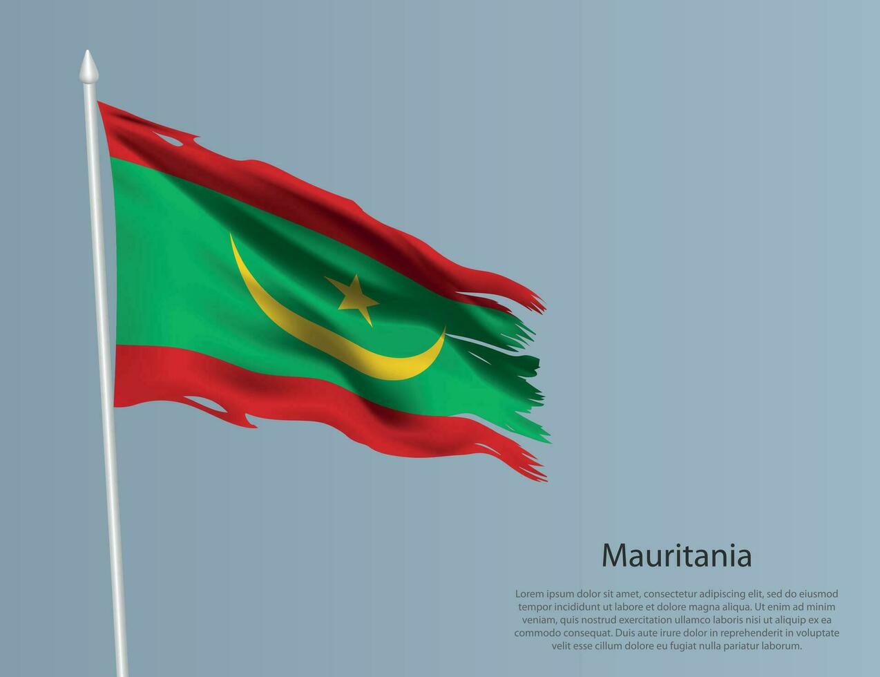 Ragged national flag of Mauritania. Wavy torn fabric on blue background vector