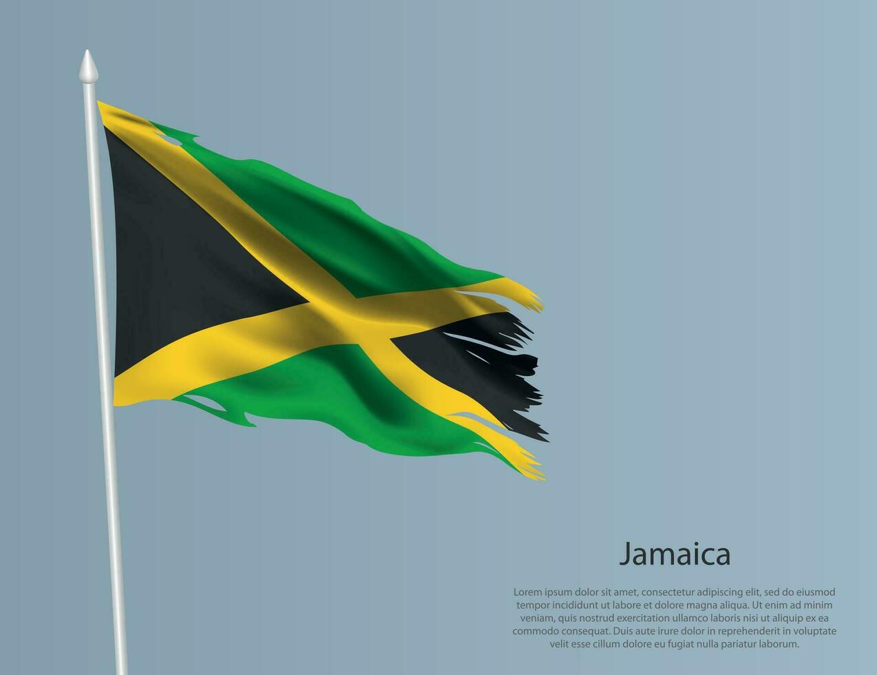 Ragged national flag of Jamaica. Wavy torn fabric on blue background. vector