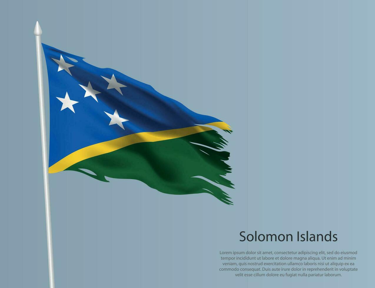 Ragged national flag Solomon Islands. Wavy torn fabric on blue background. vector