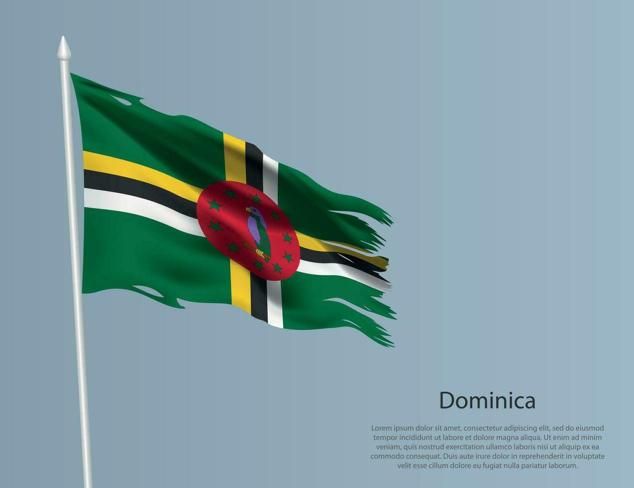 Ragged national flag of Dominica. Wavy torn fabric on blue background. vector