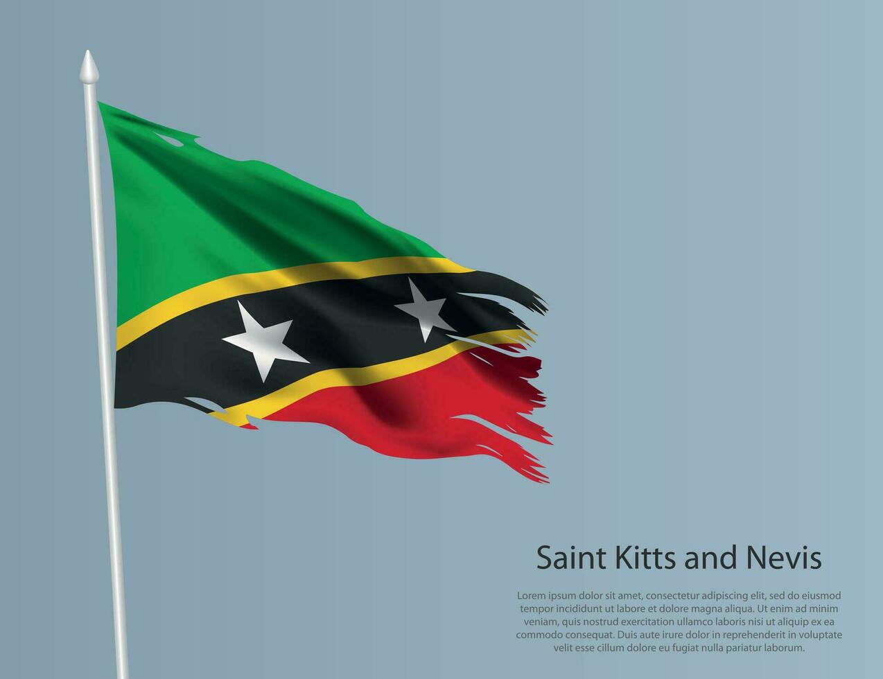 Ragged national flag of Saint Kitts and Nevis. Wavy torn fabric on blue background. vector