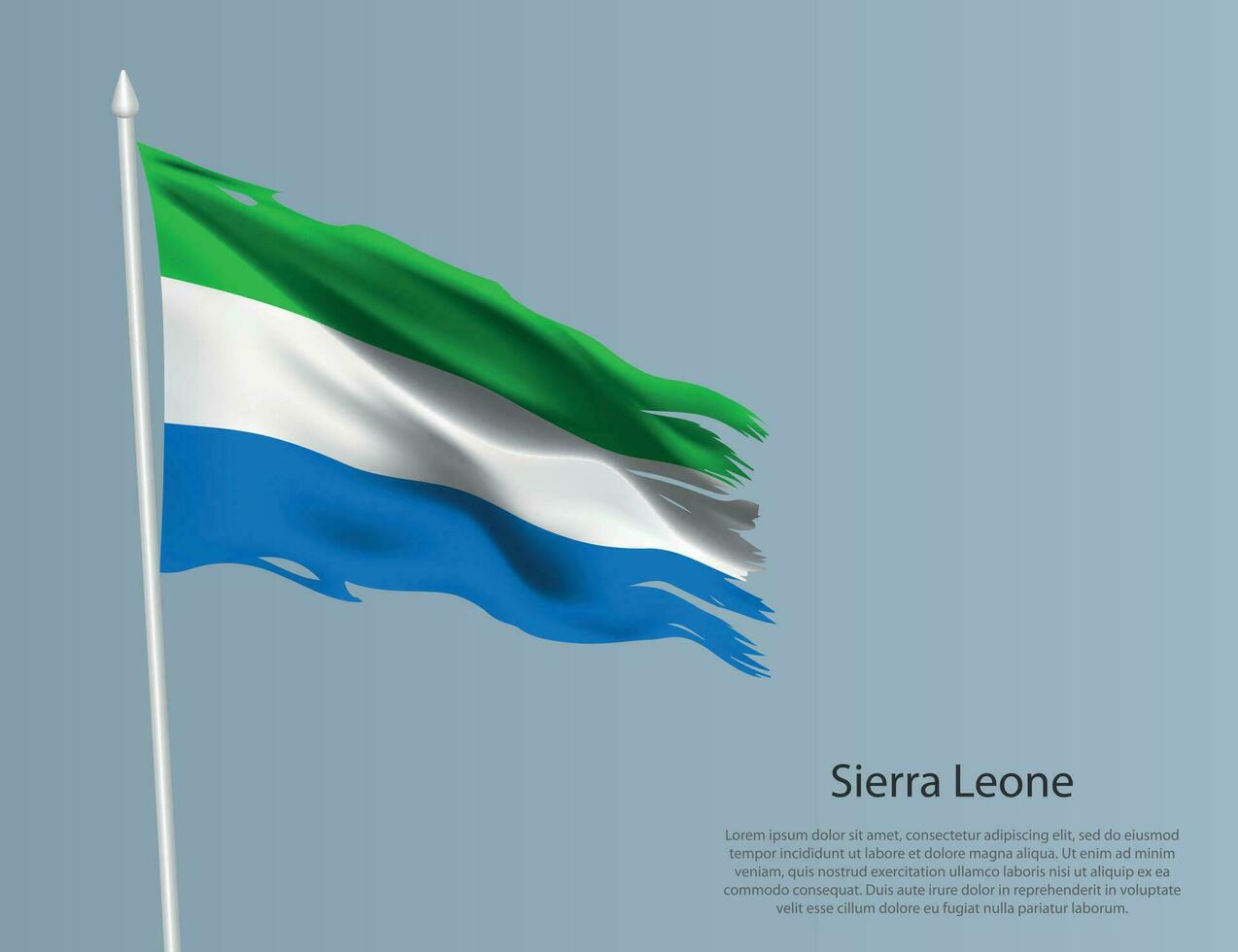 Ragged national flag of Sierra Leone. Wavy torn fabric on blue background vector