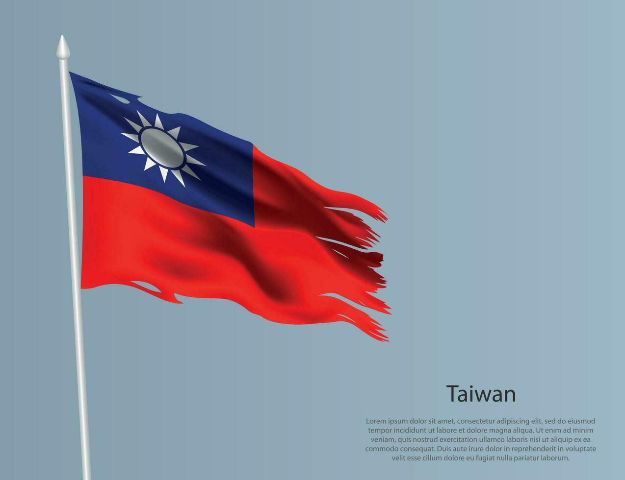 Ragged national flag of Taiwan. Wavy torn fabric on blue background vector