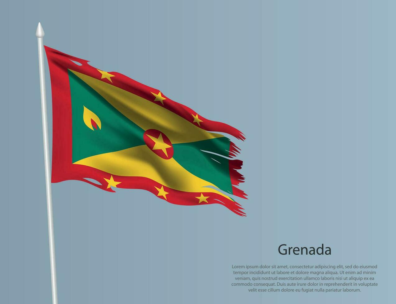 Ragged national flag of Grenada. Wavy torn fabric on blue background. vector