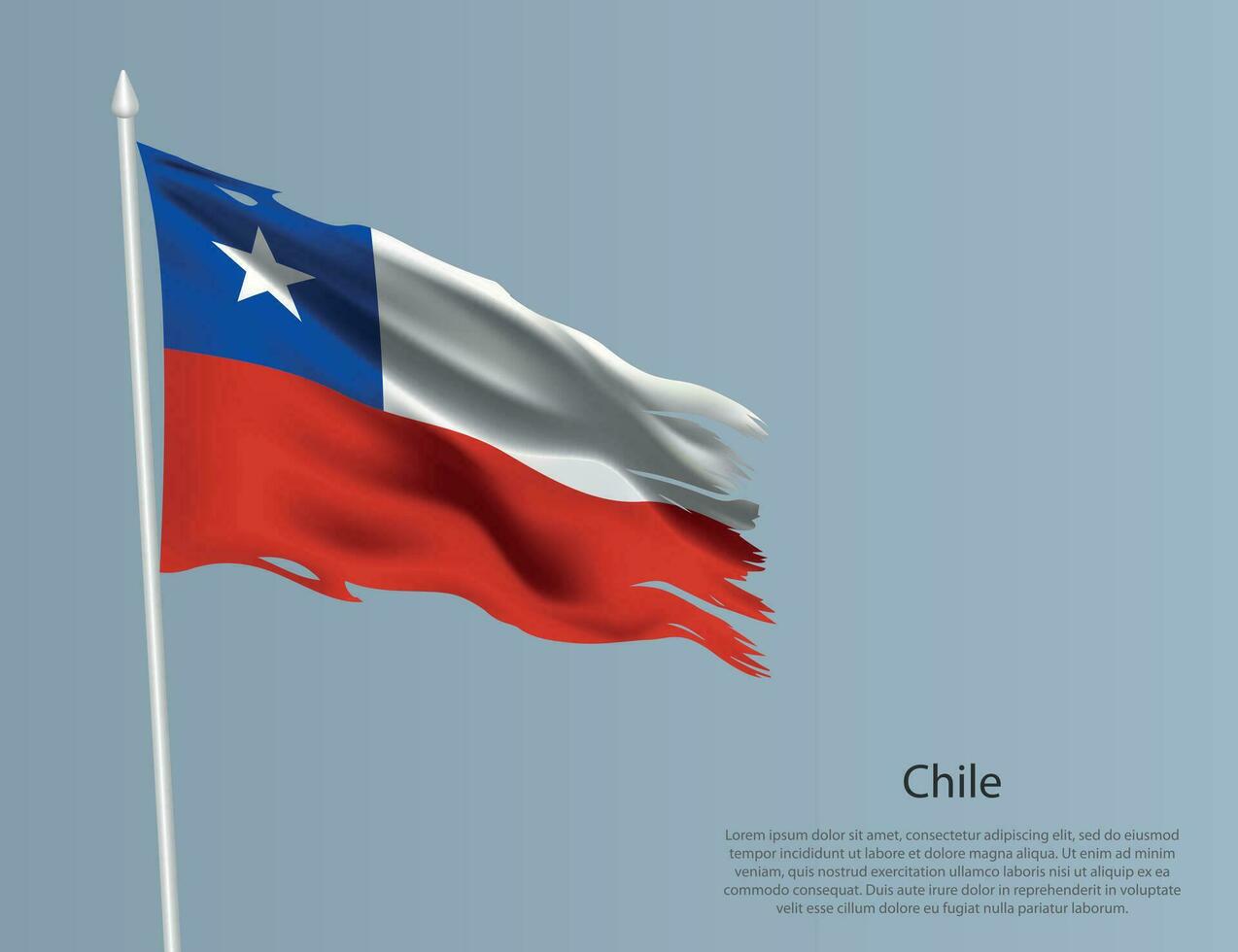 Ragged national flag of Chile. Wavy torn fabric on blue background. vector