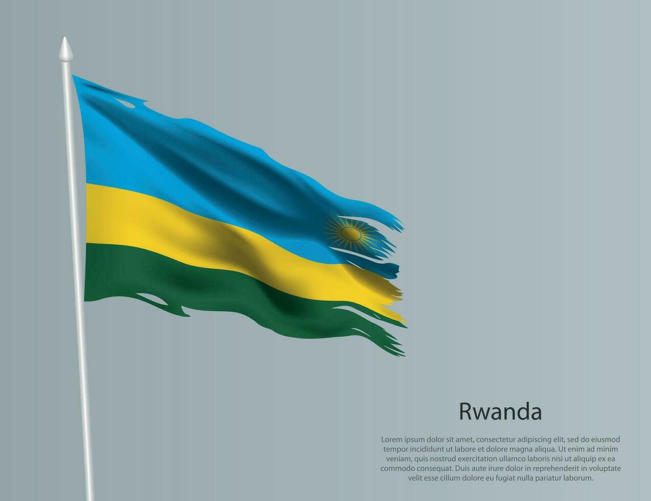 Ragged national flag of Rwanda. Wavy torn fabric on blue background vector