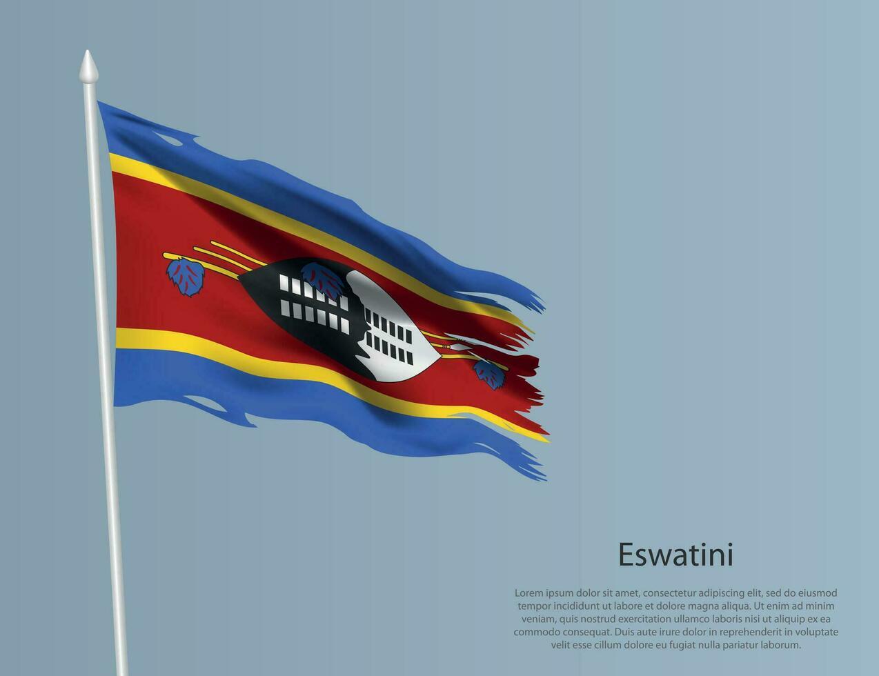 Ragged national flag of Eswatini. Wavy torn fabric on blue background vector