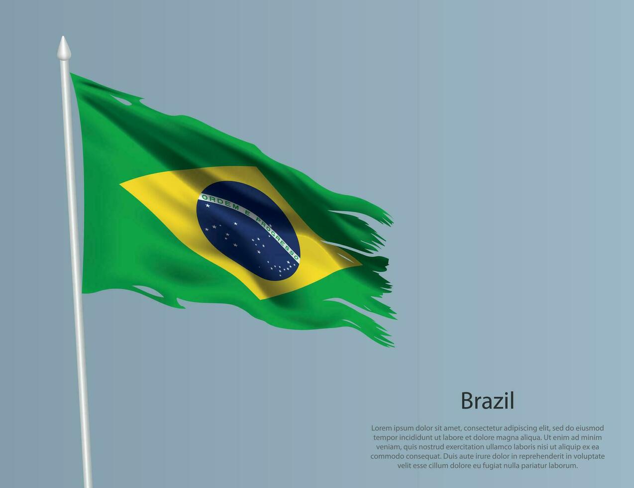 Ragged national flag of Brazil. Wavy torn fabric on blue background. vector